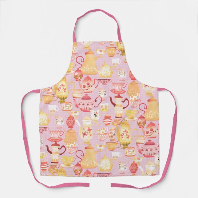 Teapots and Cups Peach Kitchen Towels Apron (Front)