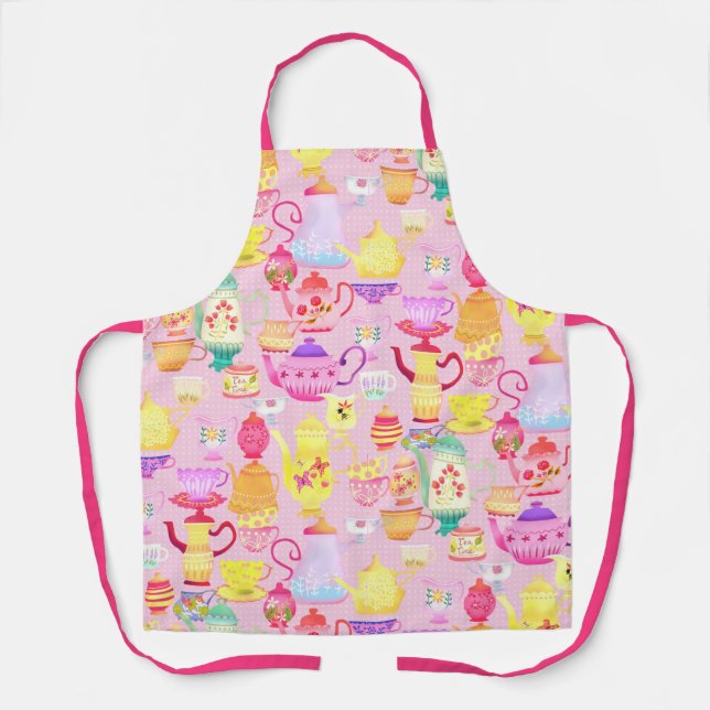Teapots and Cups Pink Kitchen Towels Apron (Front)