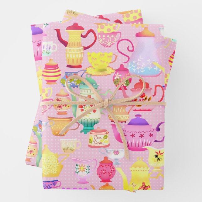 Teapots and Cups Pink  Wrapping Paper Sheet (In situ)
