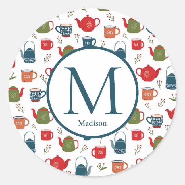 Teapots Mugs Berries Pattern Monogram Christmas Cl Classic Round Sticker (Front)