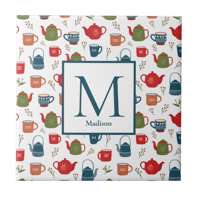 Teapots Mugs Berries Pattern Monogram Christmas Tile (Front)