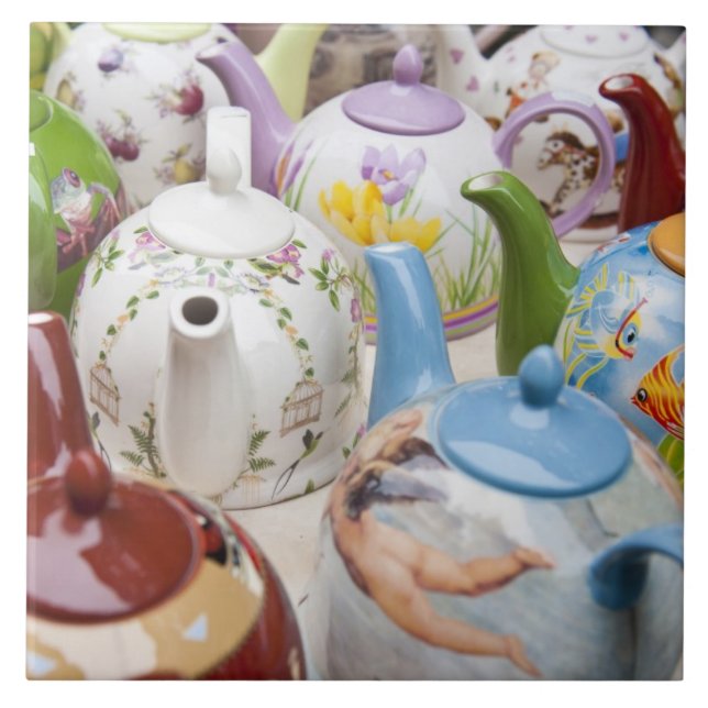 Teapots on sale in Leipzig, Germany Tile (Front)