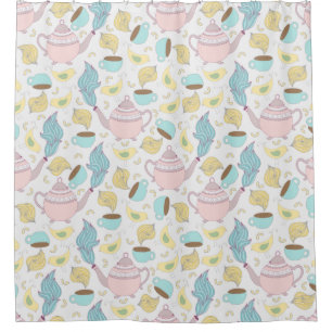 Teapots Teacups and Birds Whimsical Pastel Pattern