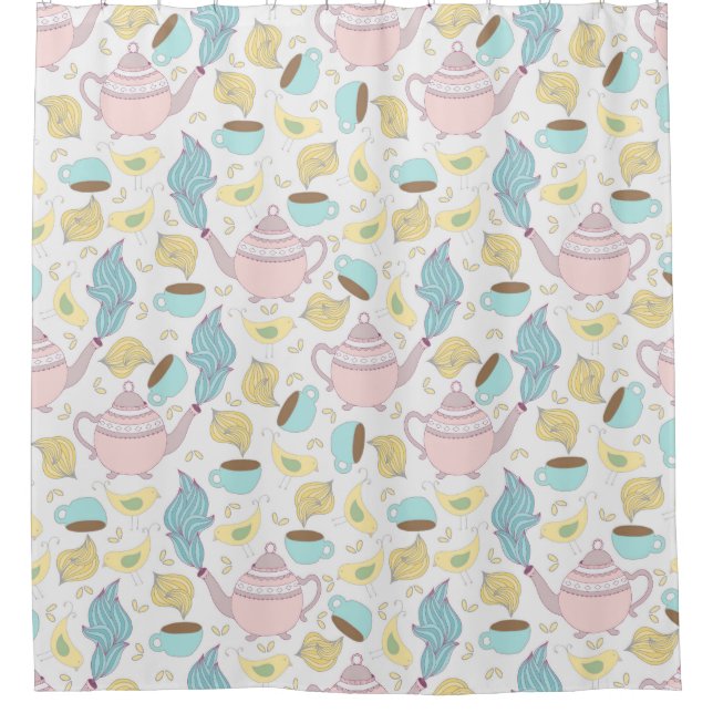 Teapots Teacups and Birds Whimsical Pastel Pattern (Front)