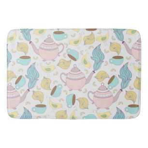 Teapots Teacups and Birds Whimsical Pastel Pattern Bath Mat