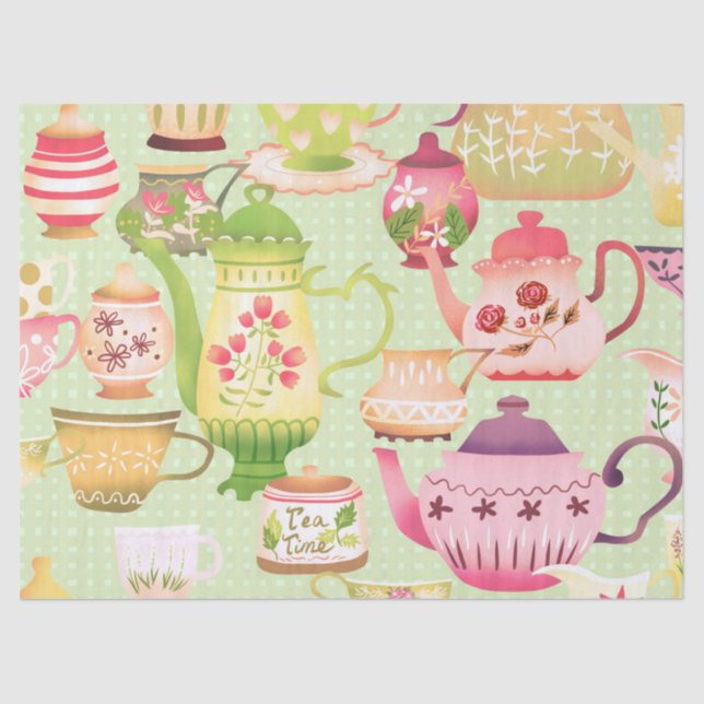 Teapots Teacups Green Tissue Paper (Front)