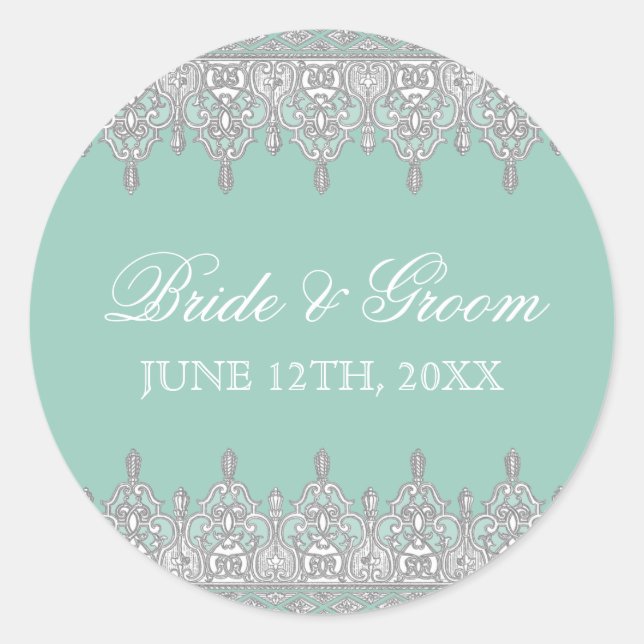 Tear Drop Lace, Aqua Blue Wedding Seal or Sticker (Front)