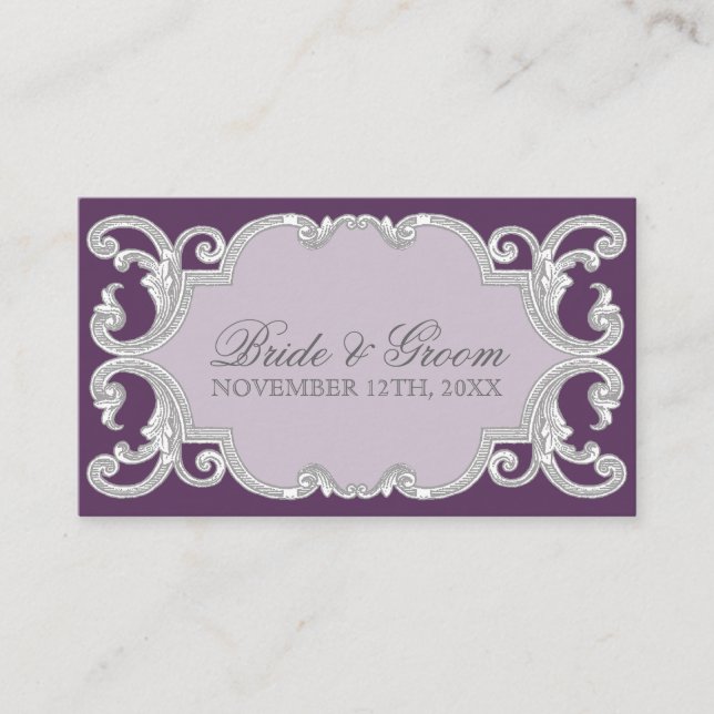 Tear Drop Lace, Plum Purple Escort Table Seating Place Card (Front)