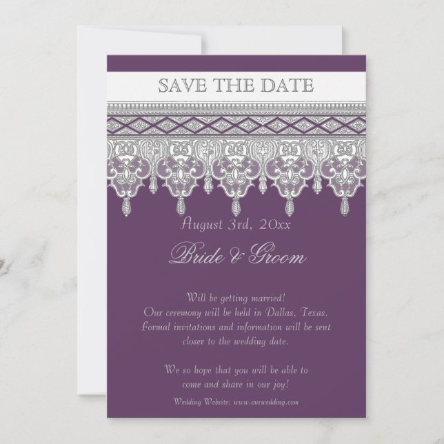 Tear Drop Lace, Purple & Grey - Save the Date Invitation (Front)