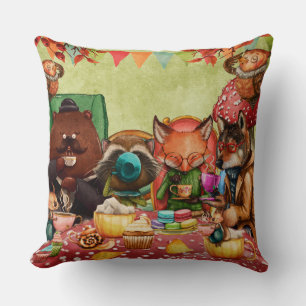 Teatime in Forest with Woodland Friends Throw Pillow