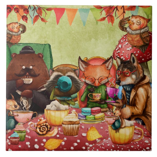 Teatime in Forest with Woodland Friends Tile (Front)