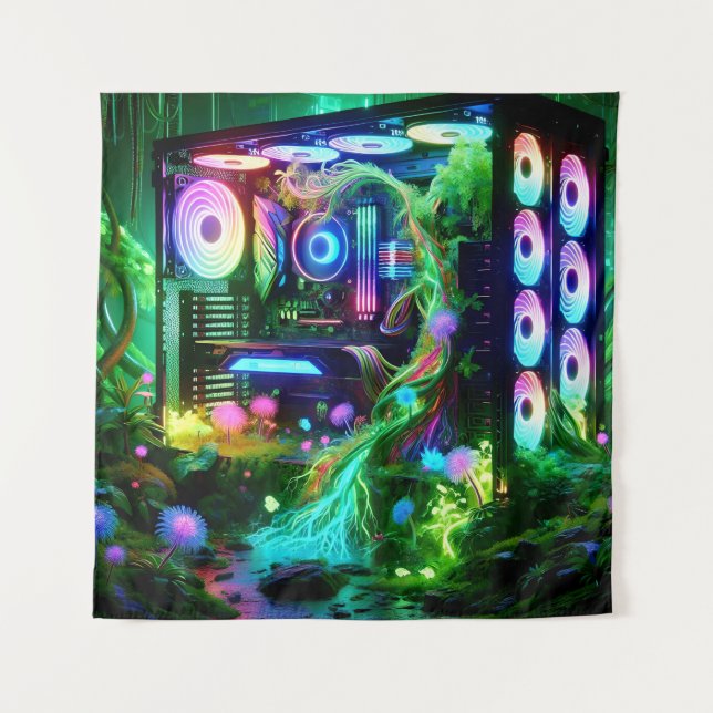 Tech Jungle: Nature Meets Neon in a Gamer’s World Tapestry (Front)