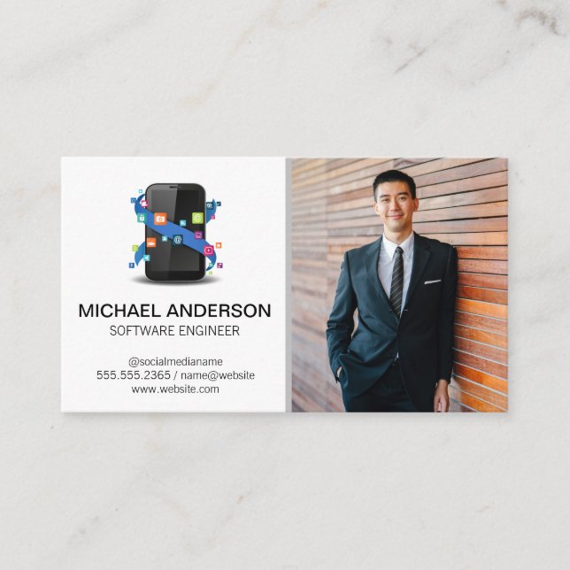 Tech Mobile App Software Logo | Business Man Business Card (Front)
