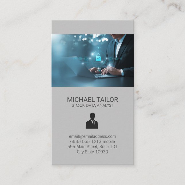 Tech Networking Data Analyst Working on Computer Business Card (Front)