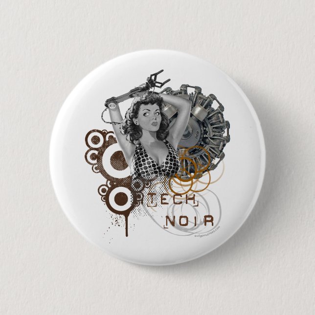 Tech noir pulp steampunk dame 2 inch round button (Front)