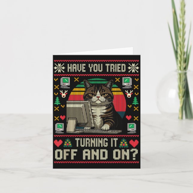 Tech Suprts Cat Engineer Computer Ugly Christmas S Card (Front)