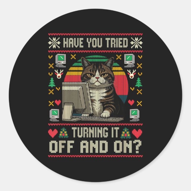 Tech Suprts Cat Engineer Computer Ugly Christmas S Classic Round Sticker (Front)