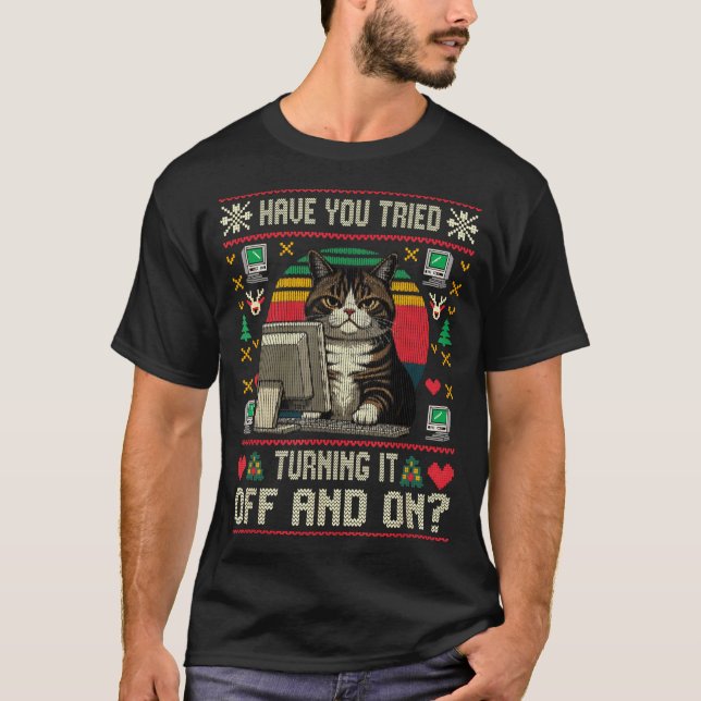 Tech Suprts Cat Engineer Computer Ugly Christmas S T-Shirt (Front)