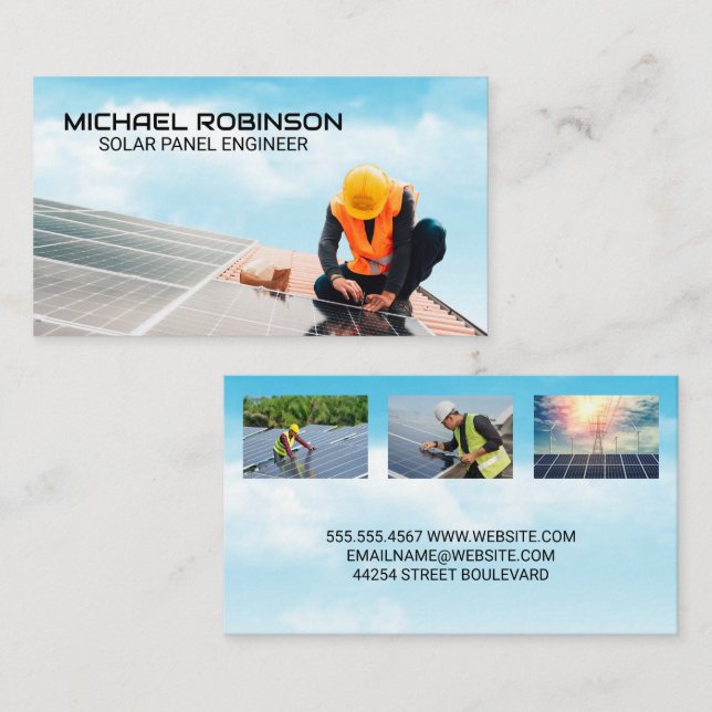 Technician Installing Solar Panel on Roof Business Card (Front/Back)