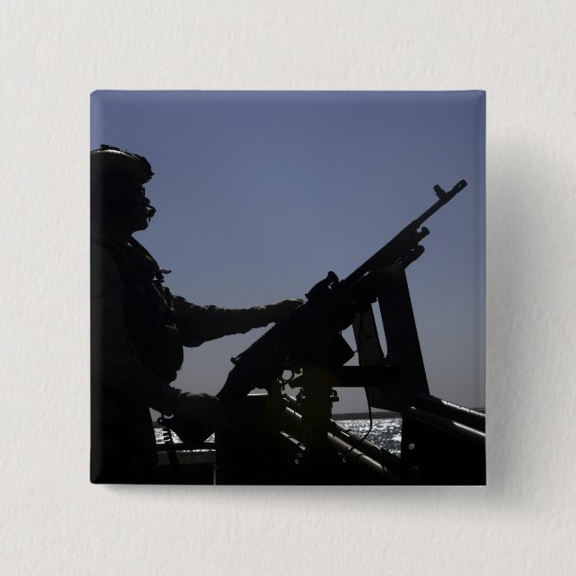Technician manning an M240 machine gun in Iraq 2 Inch Square Button (Front)