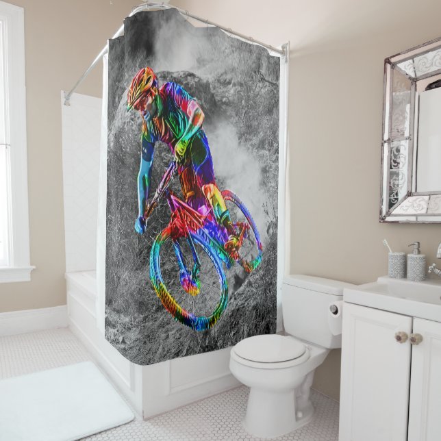 Technicolor Mountain Biker Racing Down a Trail (In Situ)