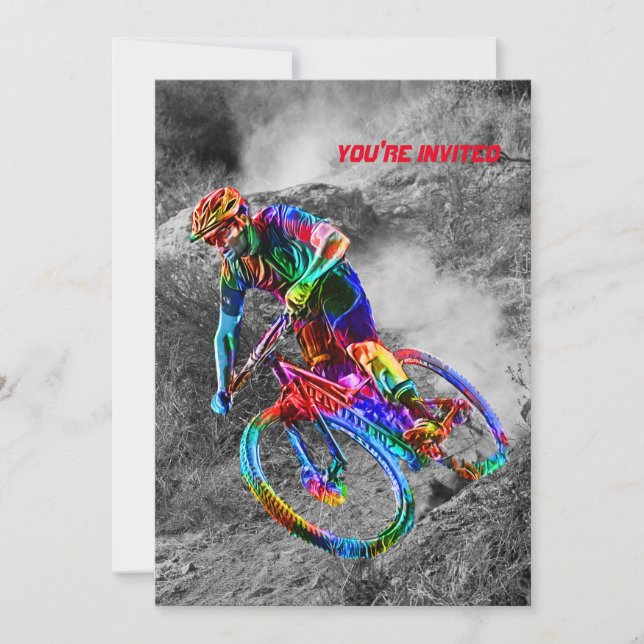 Technicolor Mountain Biker Racing Down a Trail Invitation (Front)