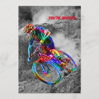 Technicolor Mountain Biker Racing Down a Trail Invitation