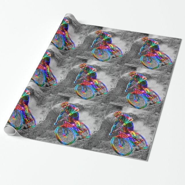 Technicolor Mountain Biker Racing Down a Trail Wrapping Paper (Unrolled)