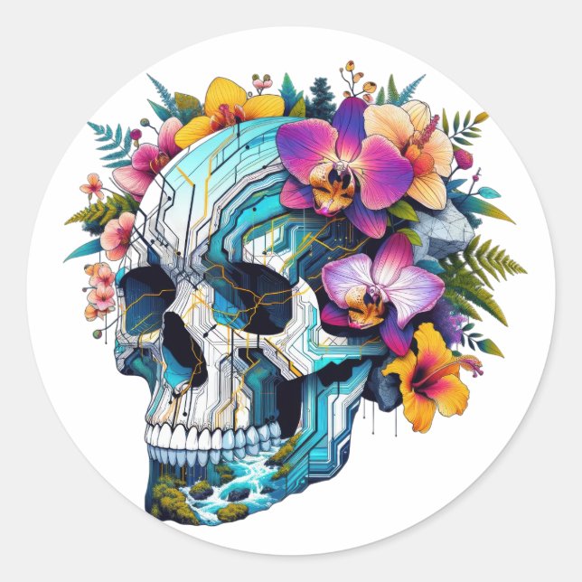 Techno-Bloom Skull Classic Round Sticker (Front)