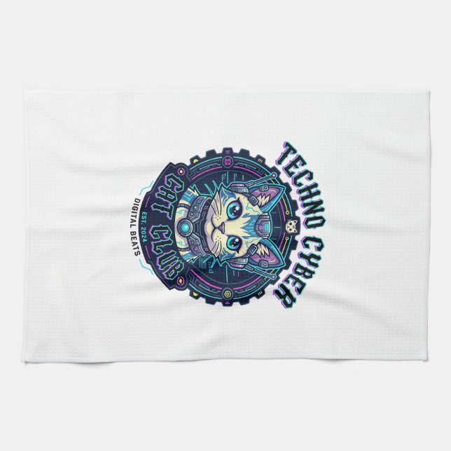 Techno Cyber Cat Funny Cat Lover Design - Techno C Kitchen Towel (Horizontal)