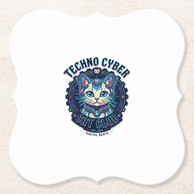 Techno Cyber Cat Funny Cat Lover Design - Techno C Paper Coaster (Front)