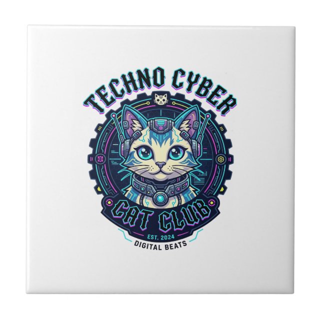 Techno Cyber Cat Funny Cat Lover Design - Techno C Tile (Front)