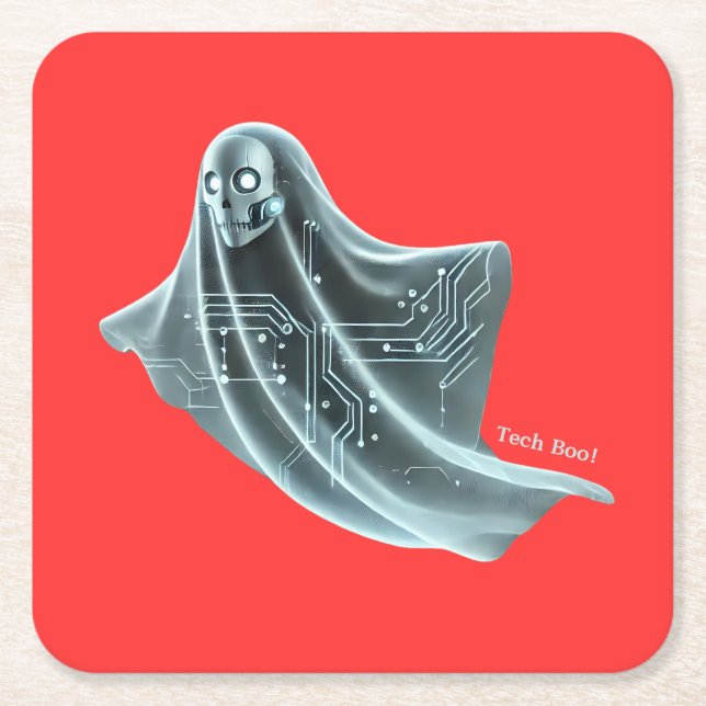 Techno Ghost: Haunting halloween Square Paper Coaster (Front)