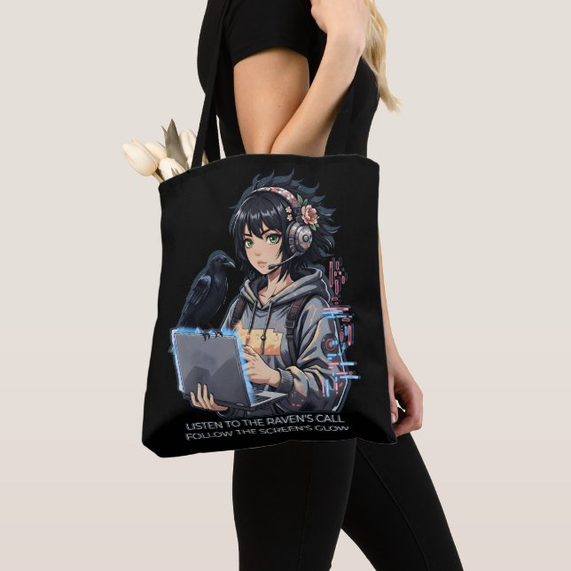 techno girls with raven and laptop tote bag (Close Up)