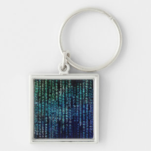 Technology Matrix Binary Code Blue Green Keychain
