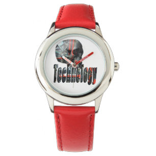 Technology Skull & Logo Kids Red Leather Watch