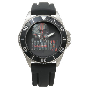 Technology Skull & Logo Mens Black Rubber Watch