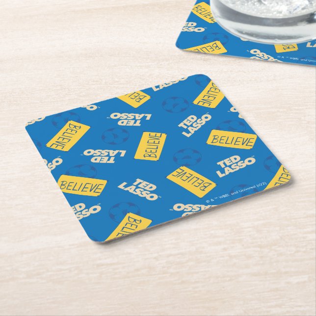 Ted Lasso | Believe Sign and Ball Toss Pattern Square Paper Coaster (Angled)