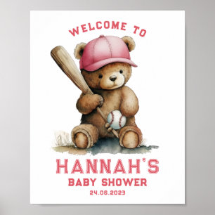 Tedd Bear Baseball Player Boy Welcome Baby Shower Poster