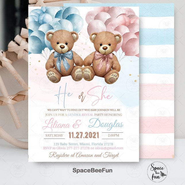Teddi Bear Baby shower Invitation Lui ou elle Genr (Teddy Bear invitation,Baby Shower Invitation,He or She,Gender Reveal, Baby Shower bear,teddy bear In)