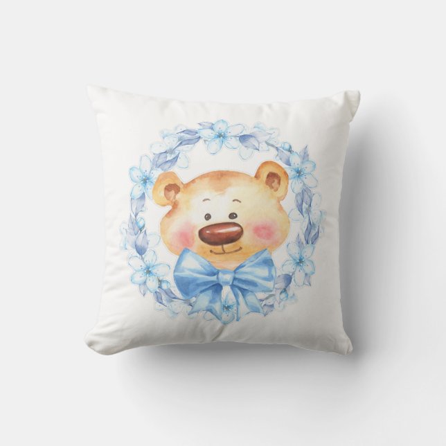 Teddy and blue flowers throw pillow (Front)