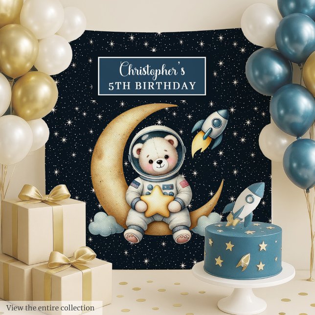 Teddy Astronaut Wall Tapestry for Boy Party (Cute Teddy Bear Astronaut Birthday Party Backdrop Boy)