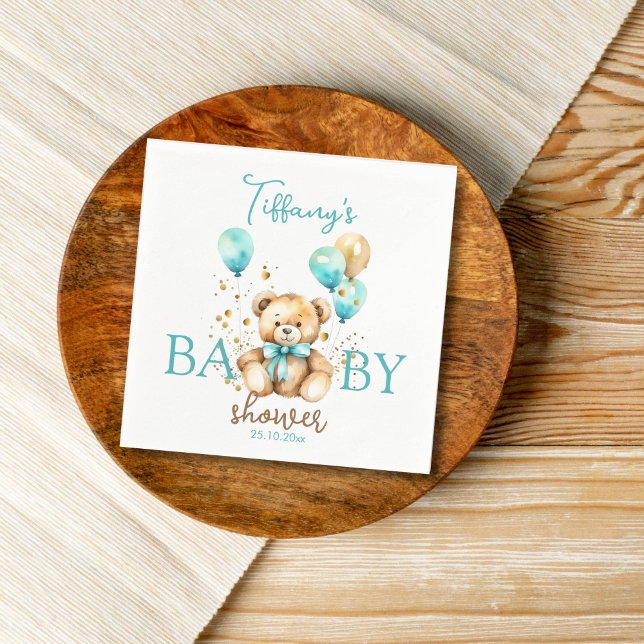 Teddy baby shower tableware cute aqua brown napkin (Teddy bear baby shower personalized napkins cute fluffy teddy with balloons napkins aqua blue gold)