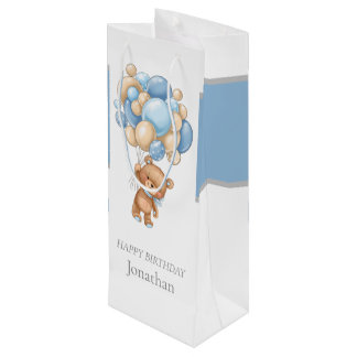 Teddy Balloon Bearly Wait Birthday Boy Wine Gift Bag