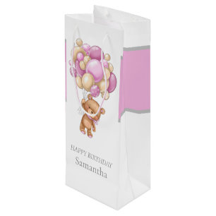 Teddy Balloon Bearly Wait Birthday Girl Wine Gift Bag