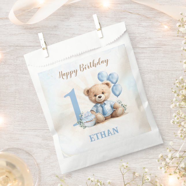 Teddy Bear 1st Birthday Blue Beige Favour Bags (Clipped)