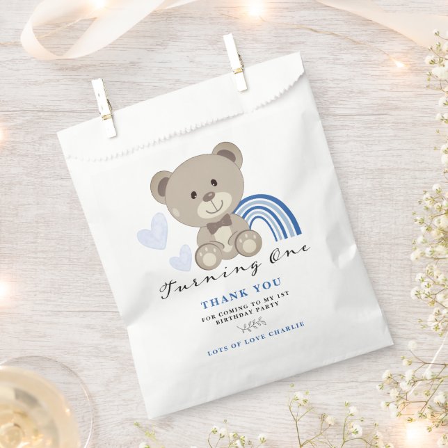 Teddy Bear 1st Birthday Blue Favour Bag (Clipped)