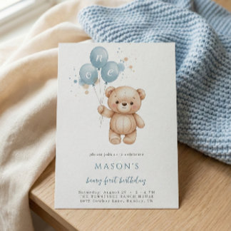 Teddy Bear 1st Birthday Blue Watercolor Invitation