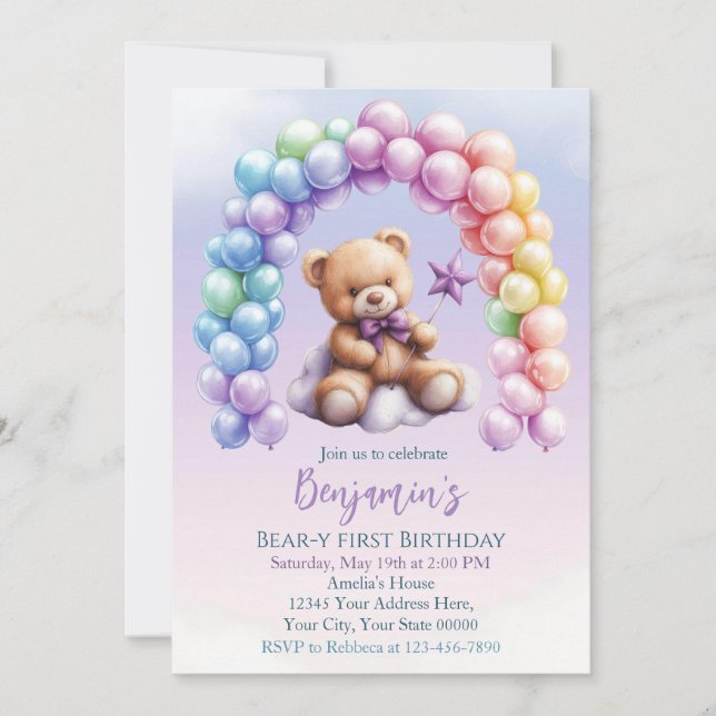 Teddy Bear 1st Birthday Colourful Balloons Invitation (Front)