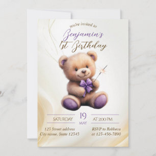 Teddy Bear 1st Birthday Colourful Balloons Invitation